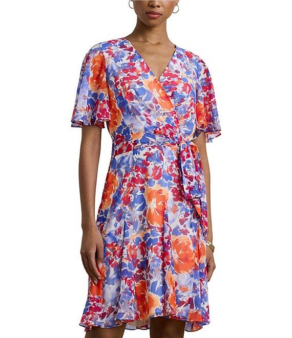 Lauren Ralph Lauren Wandella Crinkle Georgette Floral V Neck Short Flutter Sleeve Belted Faux Wrap Fit and Flare Mini Dress Product Image