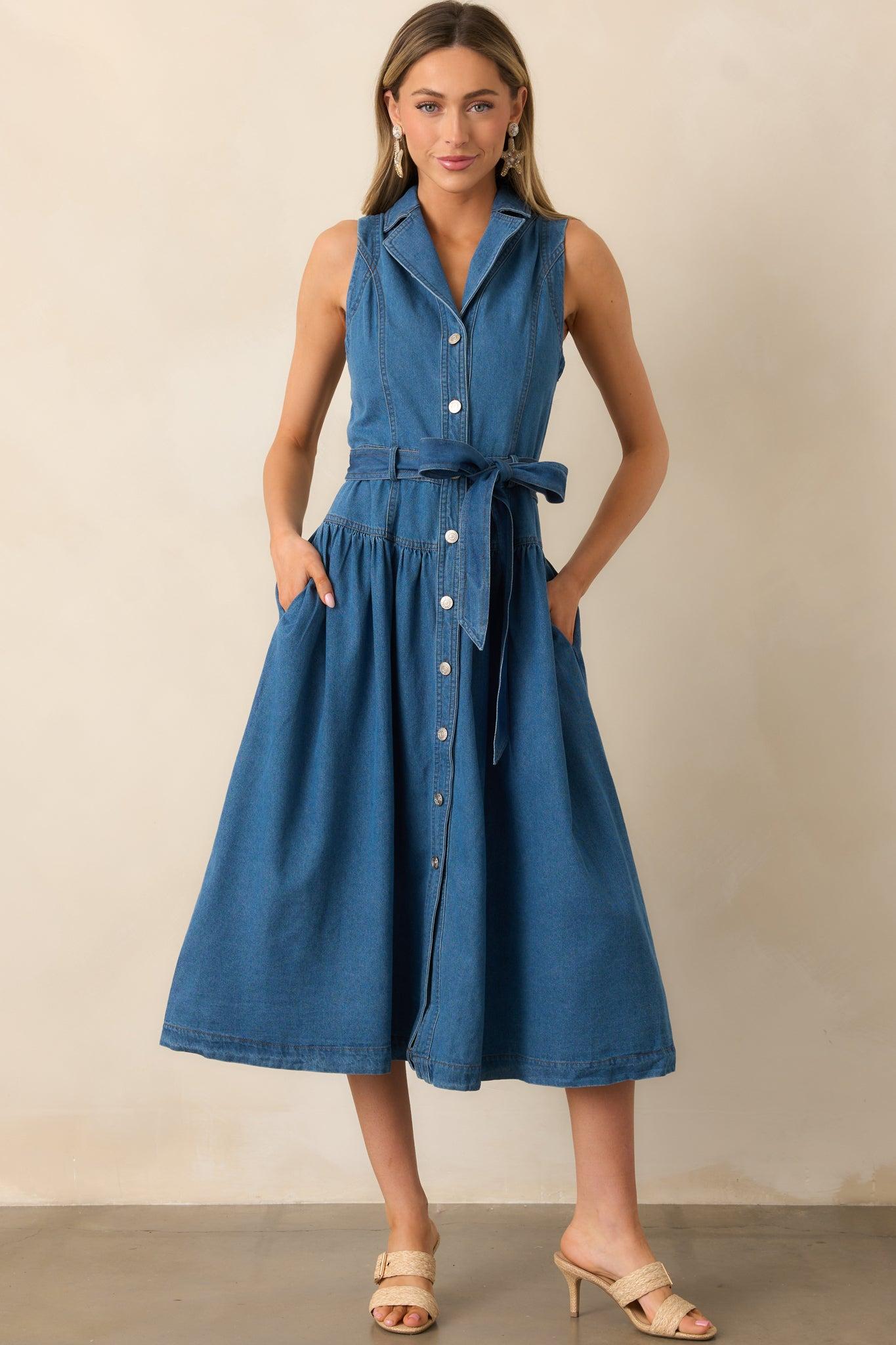 Riverside Sips Blue Denim Button Front Maxi Dress Product Image
