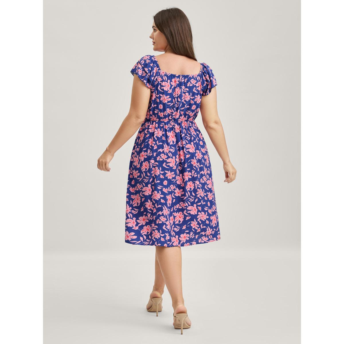 Plus Size Rayon Silhouette Flower Ruffled Sleeve Midi Dress Multicolor Women Romantic V-neck Cap Sleeve Curvy BloomChic 28/5X Product Image