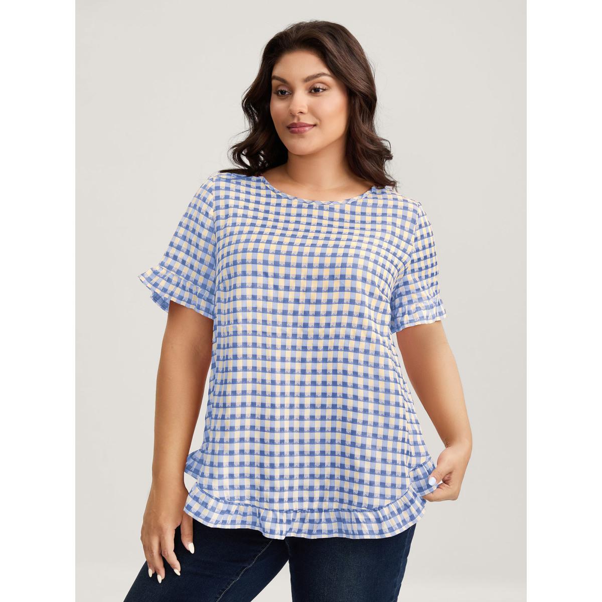 Plus Size Malachitegreen Gingham Print Button Back Blouse Women Short sleeve Round Neck Everyday-Casual Blouses BloomChic 28/5X Product Image