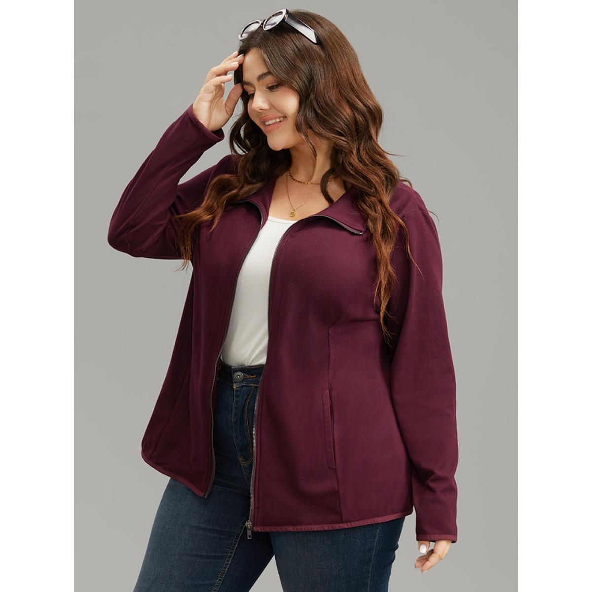 Plus Size Plain Zipper Fly Lapel Collar Jacket Women Burgundy Plain Pocket Dailywear Jackets BloomChic 18-20/2X Product Image