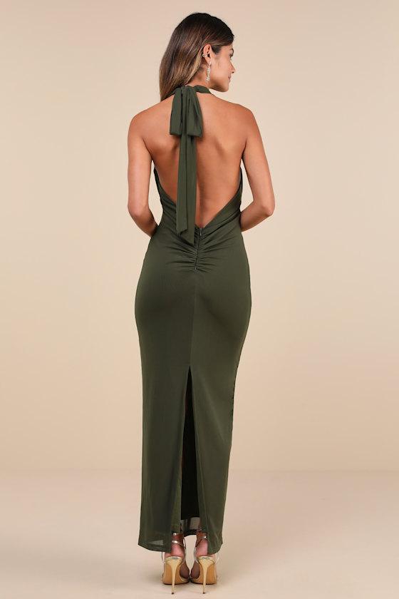 Celebratory Love Olive Green Mesh Ruched Halter Maxi Dress Product Image