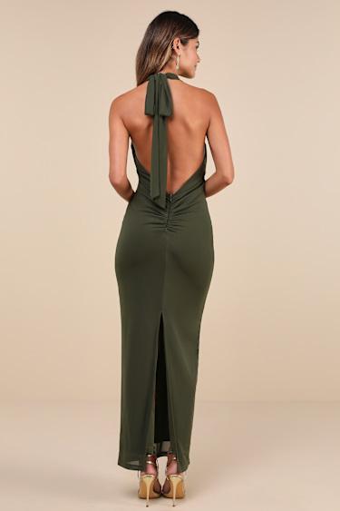 Celebratory Love Olive Green Mesh Ruched Halter Maxi Dress Product Image