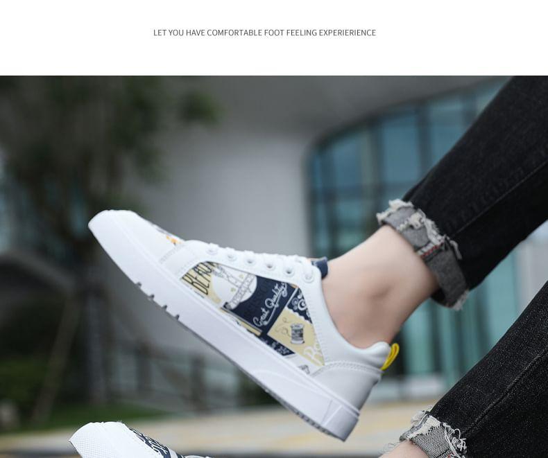 Lettering Print Lace-Up Faux Leather Sneakers Product Image