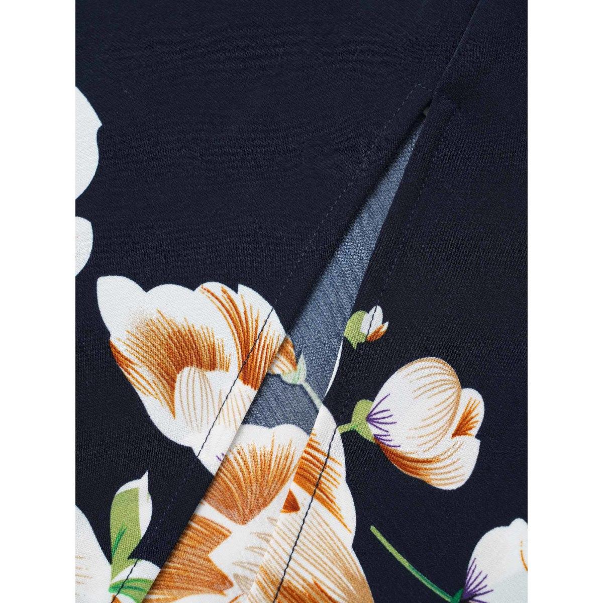 Plus Size Bloom Dress - Floral Lantern Sleeve Pocket Split Surplice Neck Flutter Maxi Dress DarkBlue Women Elegant Printed V-neck Long Sleeve Curvy Long Dress BloomChic 30/6X Product Image