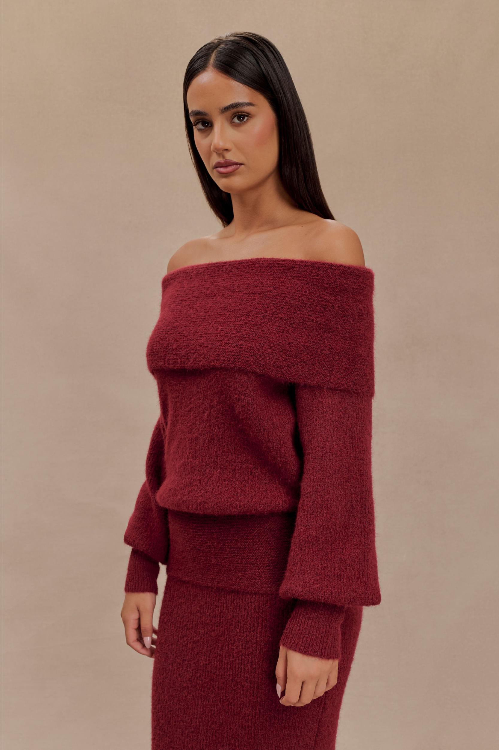 Charlotte Off Shoulder Knit Long Sleeve Top - Merlot Product Image