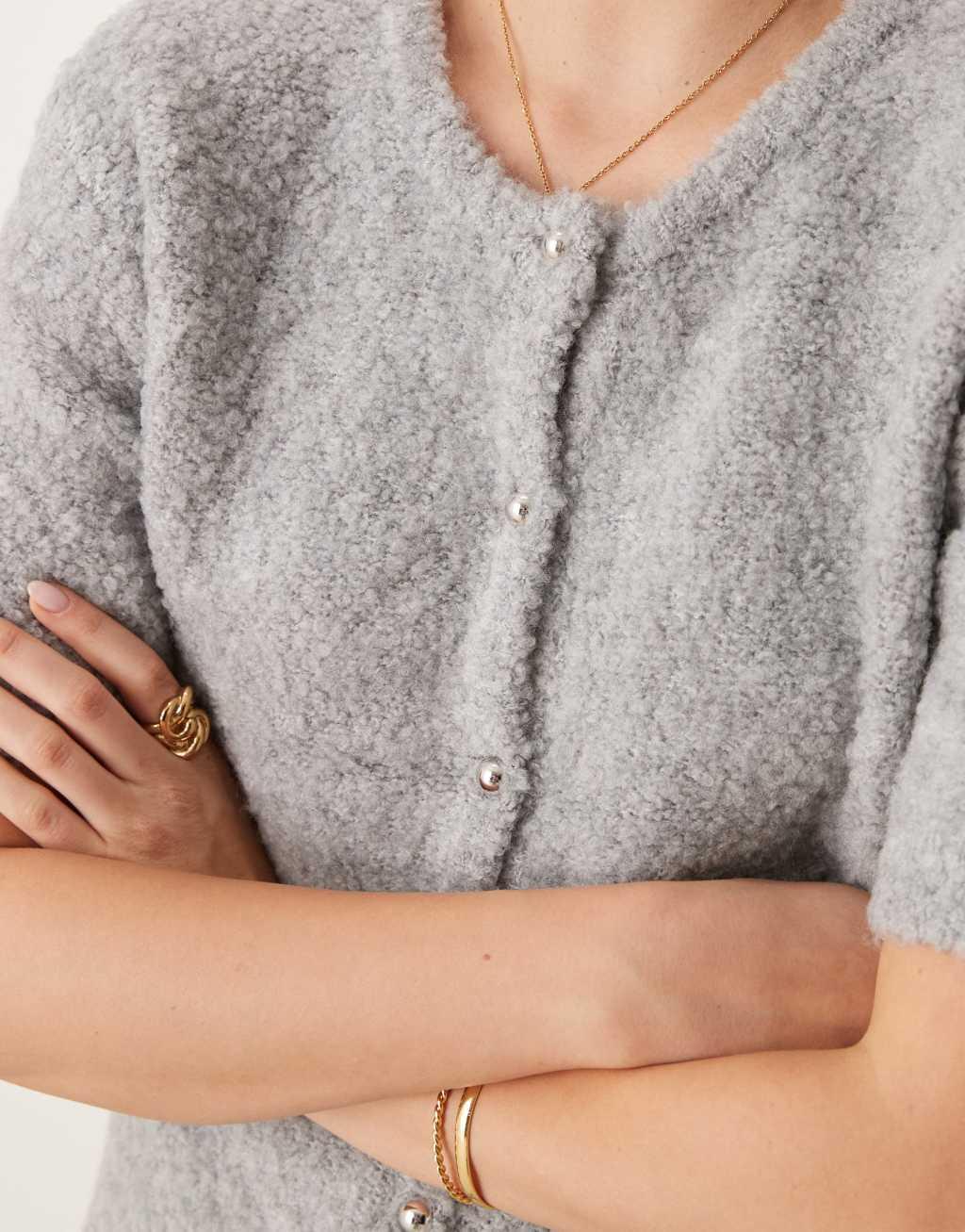 Gina Tricot supersoft textured knit short sleeve cardigan in gray melange Product Image