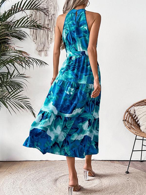 Loose Sleeveless Hollow Pleated Printed Split-Joint Tied Waist Round-Neck Midi Dresses Product Image