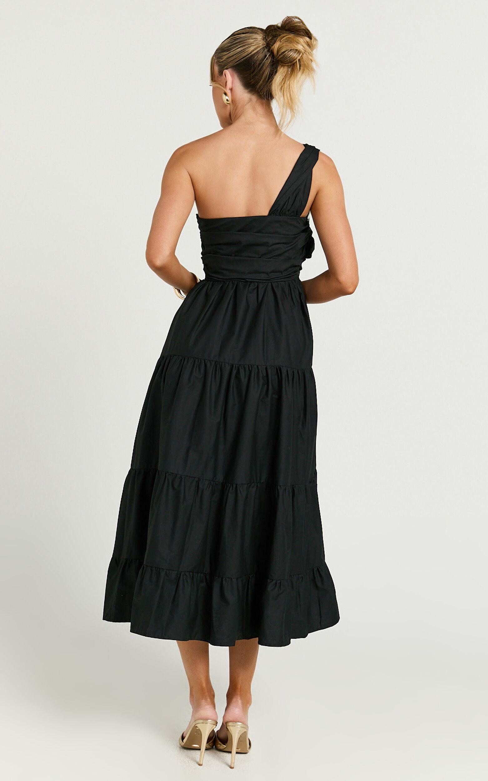 Stephanie Midi Dress - One Shoulder Tiered Midi Dress in Black Product Image