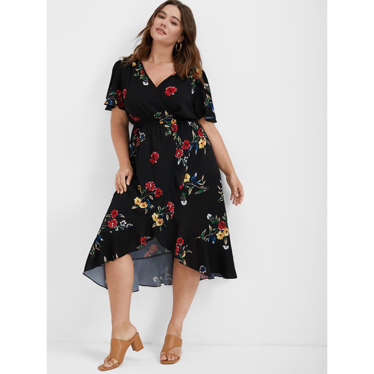 Plus Size Floral Ruffles Knot Wrap Midi Dress Black Women Elegant Ruffles V-neck Short sleeve Curvy Midi Dress BloomChic 16/1X Product Image