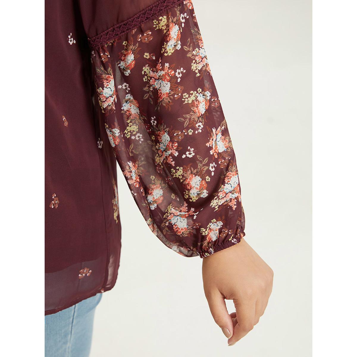 Plus Size Scarlet Floral Print Mesh Lace Patchwork Lantern Sleeve Blouse Women Elegant Long Sleeve V-neck Dailywear Blouses BloomChic 18-20/2X Product Image