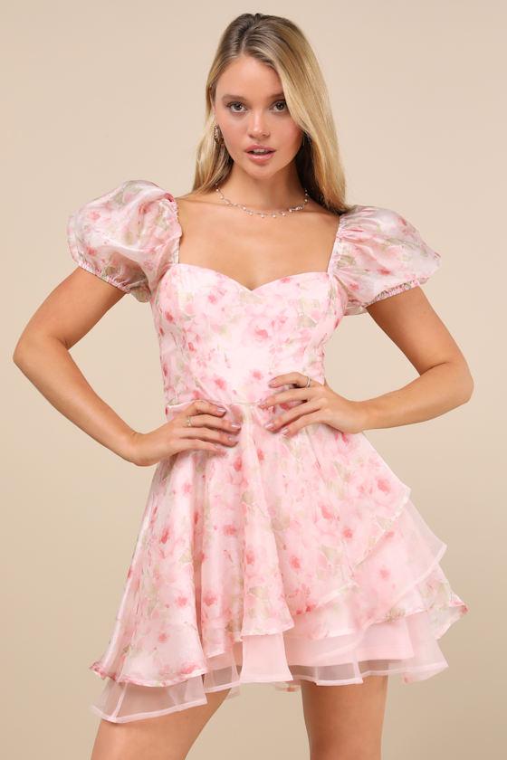 Captivating Sweetheart Pink Floral Tiered Puff Sleeve Mini Dress Product Image