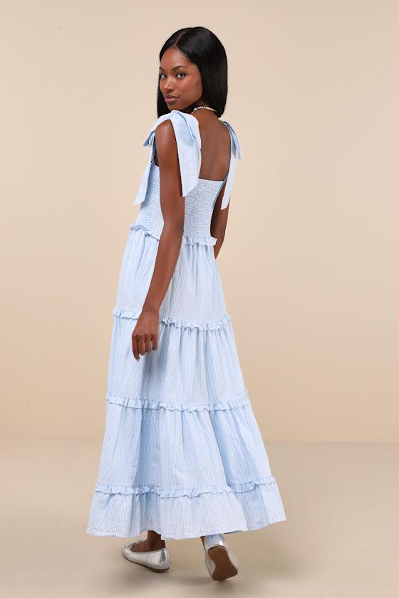 Kansas Blue Striped Tiered Smocked Tie-Strap Bow Midi Dress Product Image