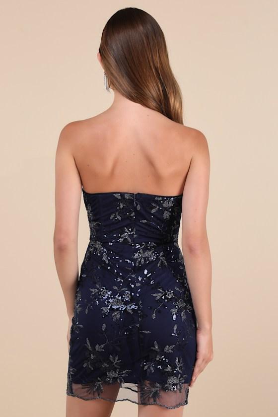 Confident Sensation Navy Sequin Strapless Bustier Mini Dress Product Image