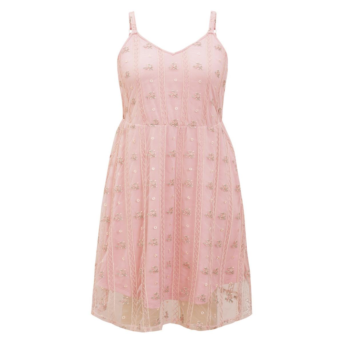Plus Size Floral Embroidered Mesh Pocket Cami Dress MistyRose Women Glamour Lined Spaghetti Strap Sleeveless Curvy Knee Dress BloomChic 22-24/3X Product Image