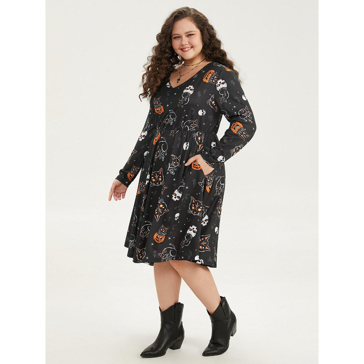 Plus Size Halloween Cat & Pumpkin Print Elastic Waist Dress Black Women Elegant Printed V-neck Long Sleeve Curvy Midi Dress BloomChic 18-20/2X Product Image