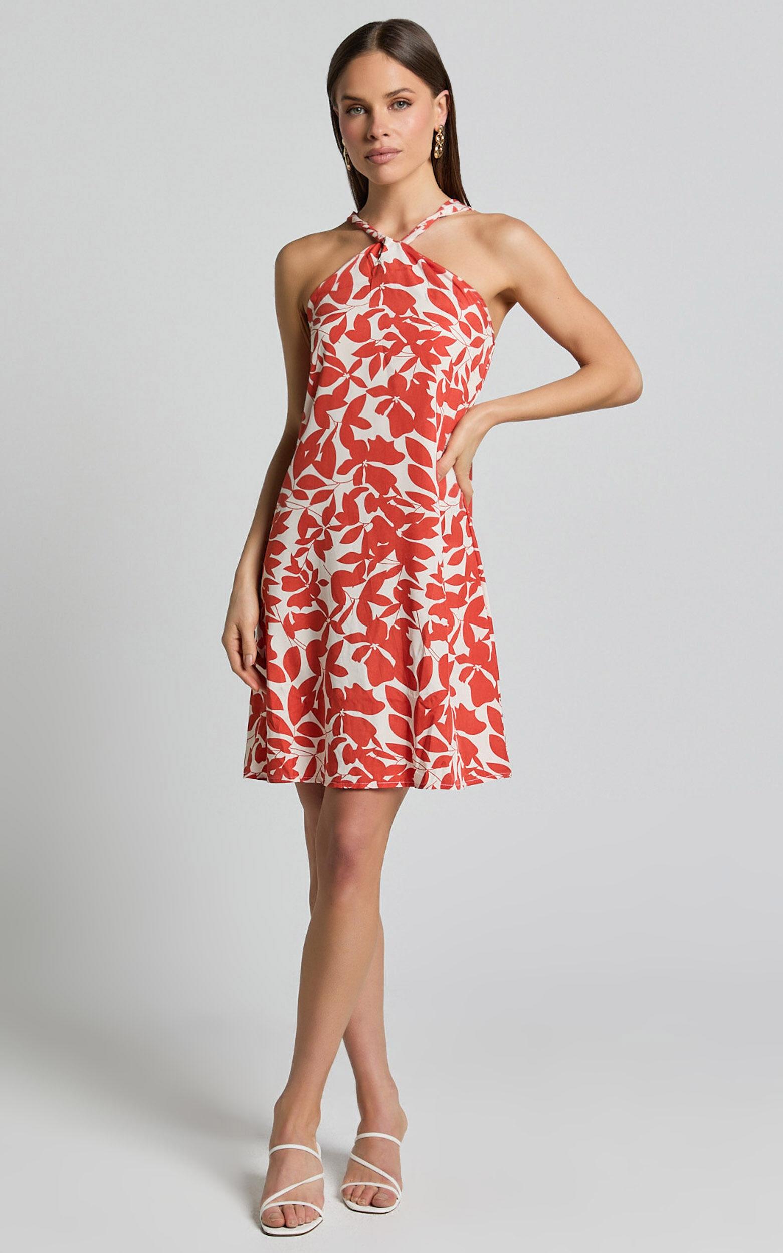 Vicki Mini Dress - Halter Neck A Line Dress in Red Leaf Print Product Image