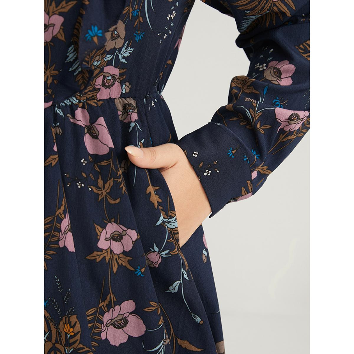 Plus Size Floral Pocket Knotted Neck Ruffle Trim Split Dress DarkBlue Women Elegant Knotted Tie Neck Long Sleeve Curvy Midi Dress BloomChic 18-20/2X Product Image