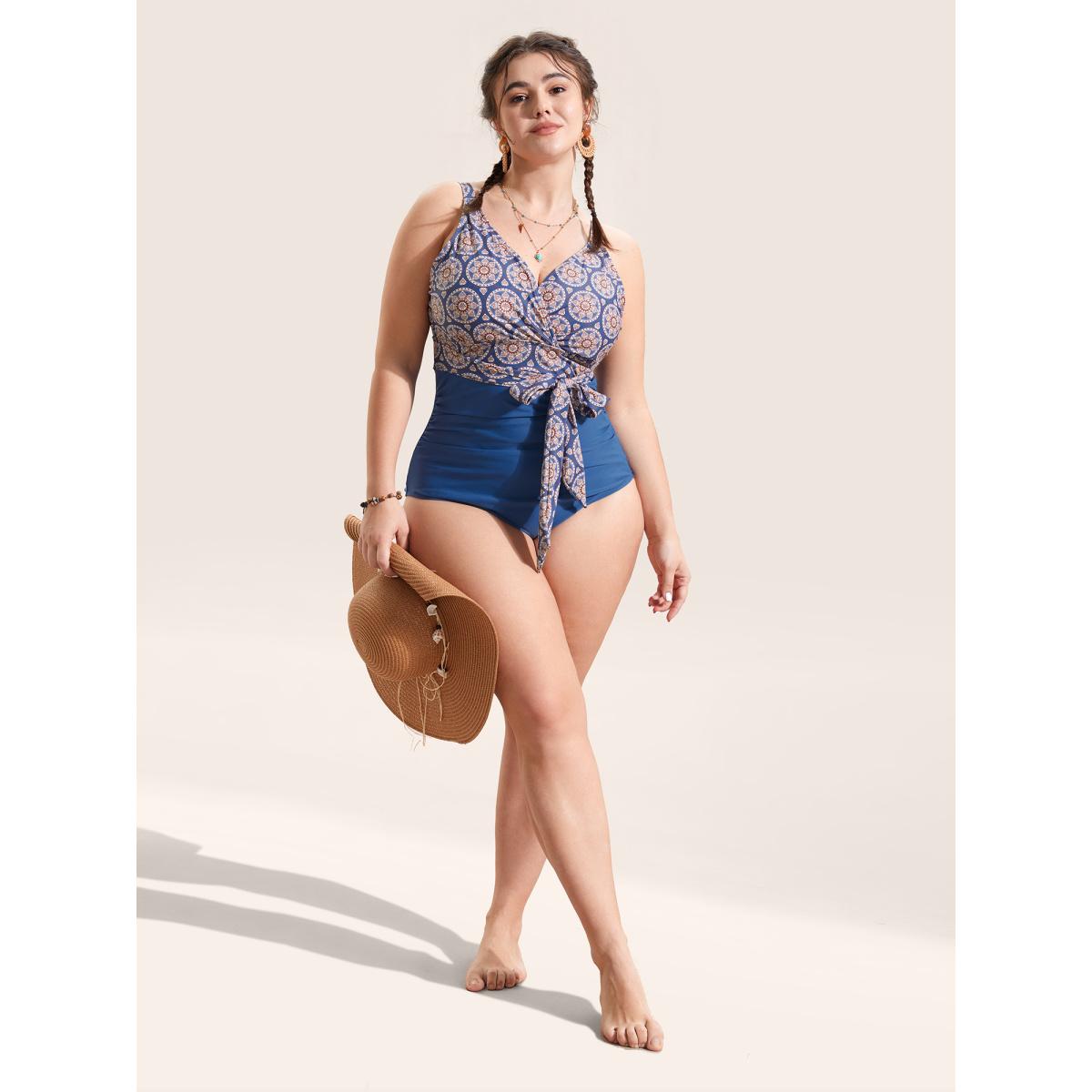Plus Size Boho Print Overlap Collar Patchwork One Piece Swimsuit Women's Swimwear Indigo Beach Gathered Curve Bathing Suits High stretch One Pieces BloomChic 28/5X Product Image