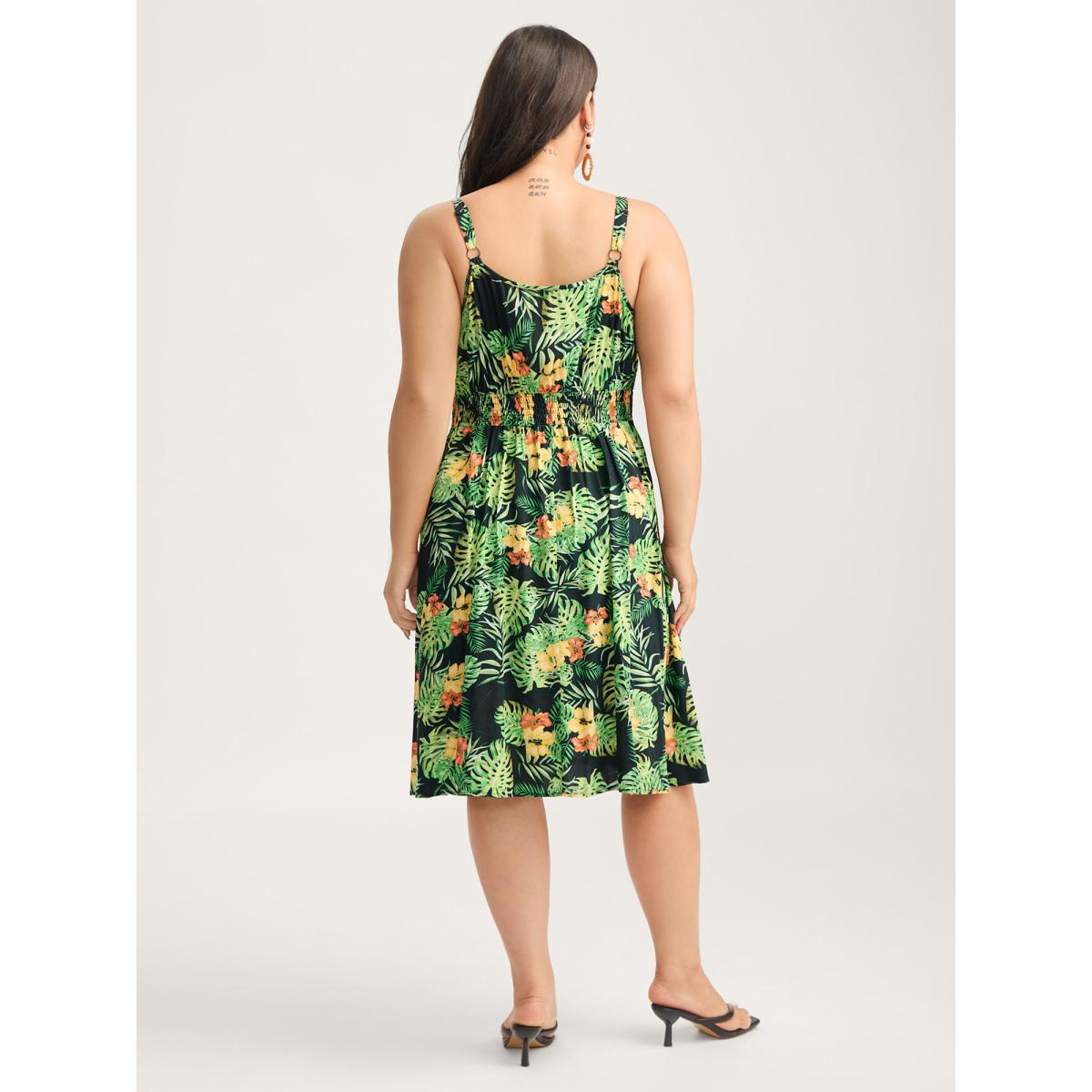 Plus Size Breezy Tropics Shirred Waist Midi Dress Multicolor Women V-neck Sleeveless Curvy BloomChic 26/4X Product Image
