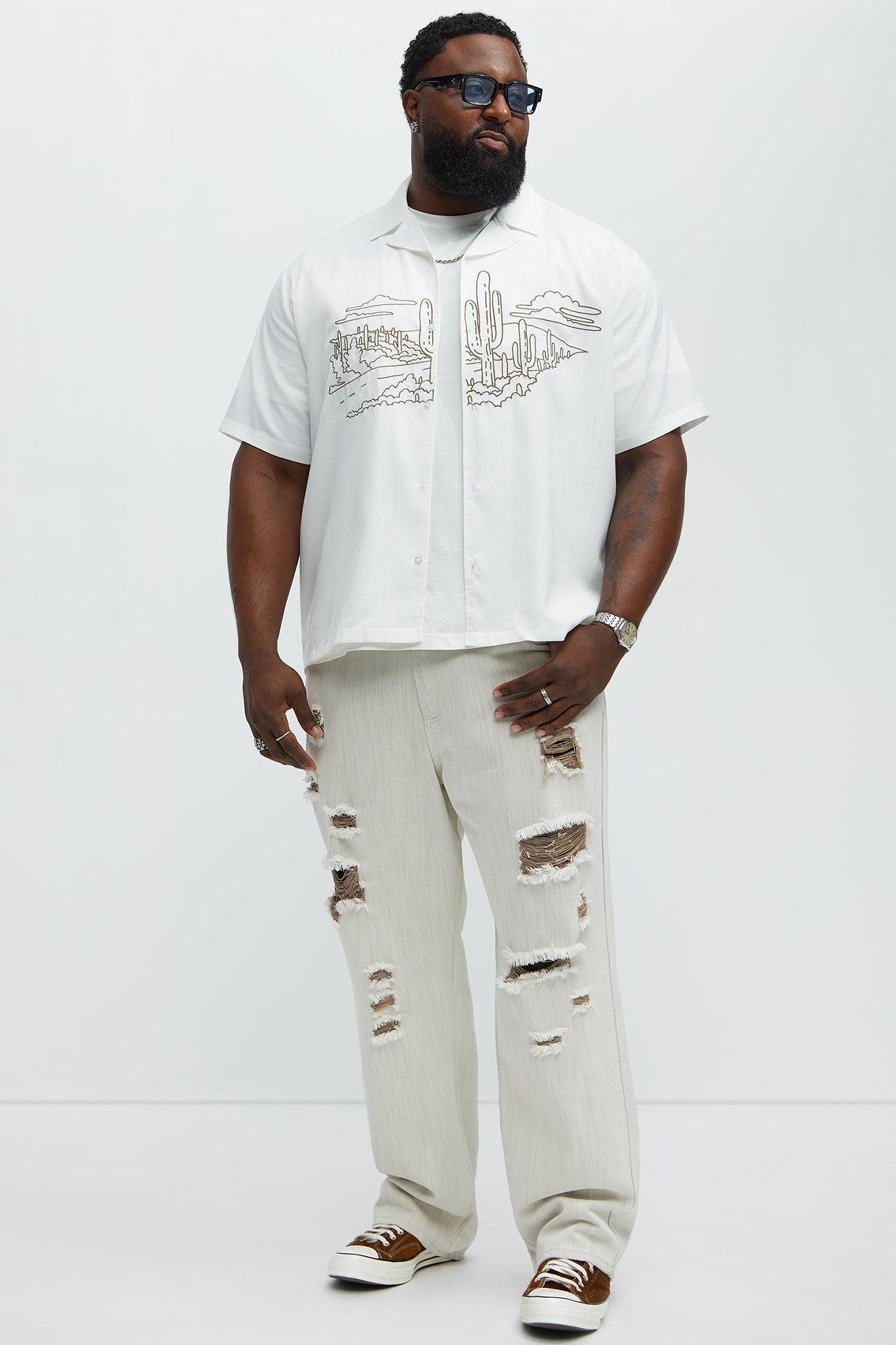 Hector Distressed Straight Jeans - Beige Product Image