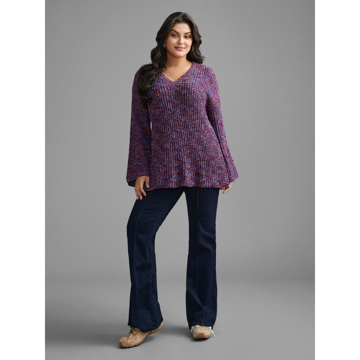 Plus Size Round Neck Heather Bell Sleeve Pullover Deeppurple Women Elegant Loose Long Sleeve V-neck Everyday Pullovers BloomChic 28/5X Product Image