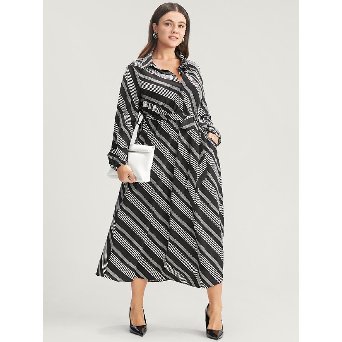 Plus Size Striped Lantern Sleeve Pocket Belted Lapel Collar Dress Black Women Office Belted Lapel Collar Long Sleeve Curvy Midi Dress BloomChic 10/M Product Image