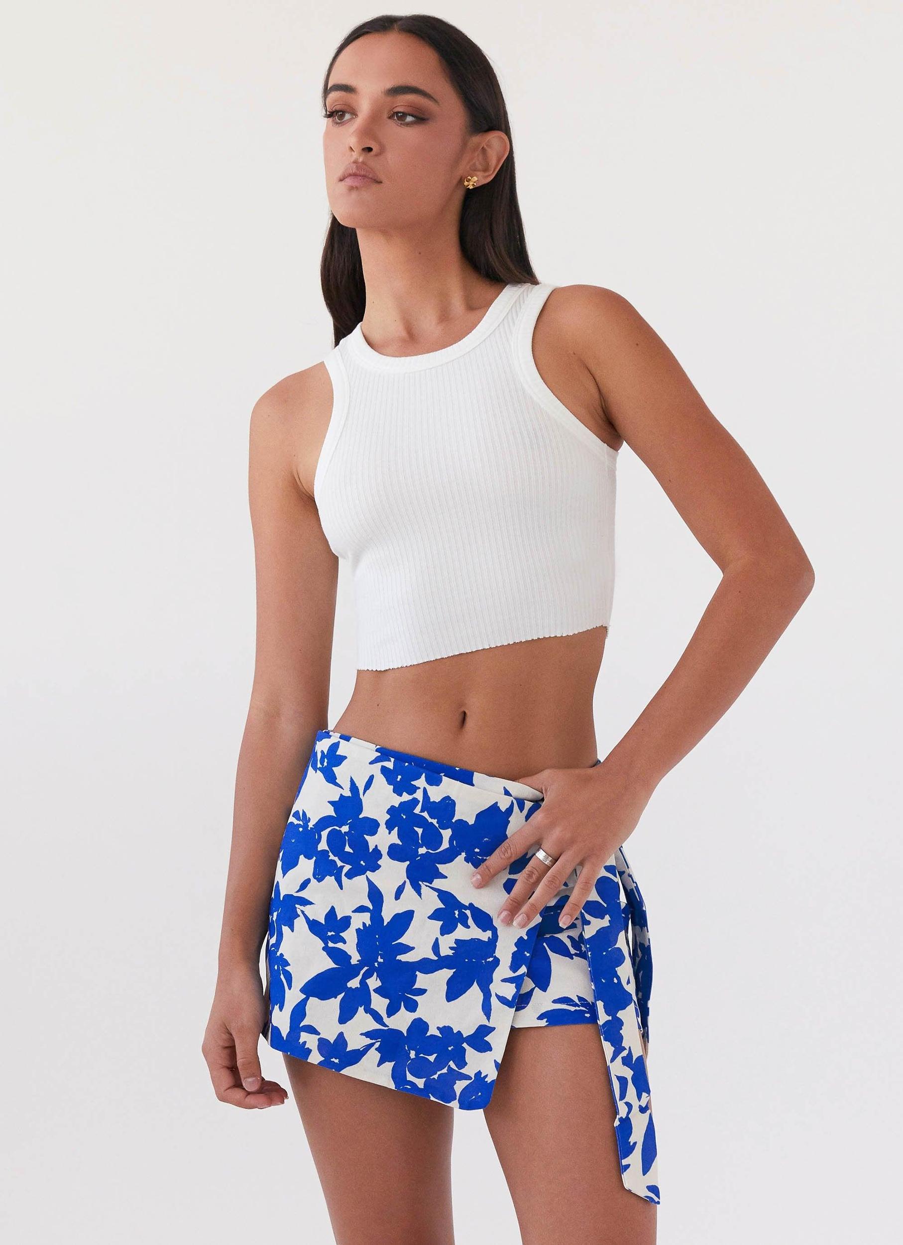 Steal Away Linen Wrap Skirt - Blue Floral Product Image