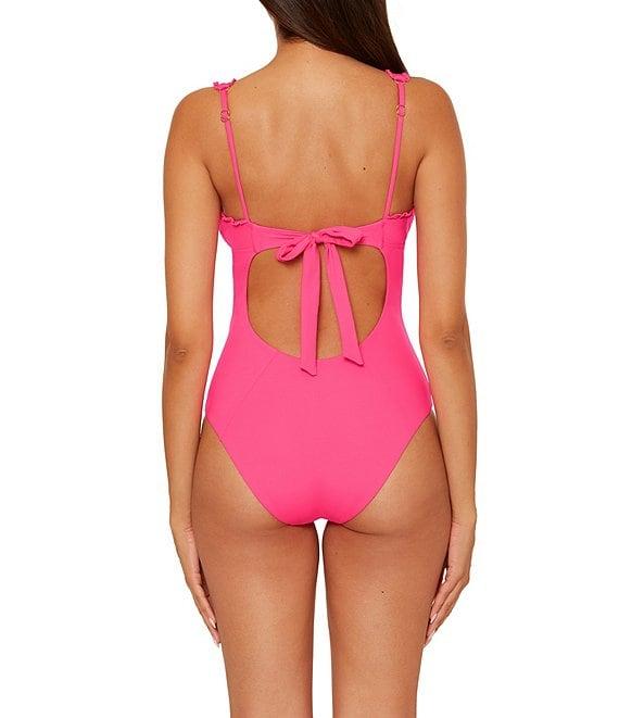 Becca By Rebecca Virtue Solid Frills Scallop Lace Plunge One Piece Swimsuit Product Image
