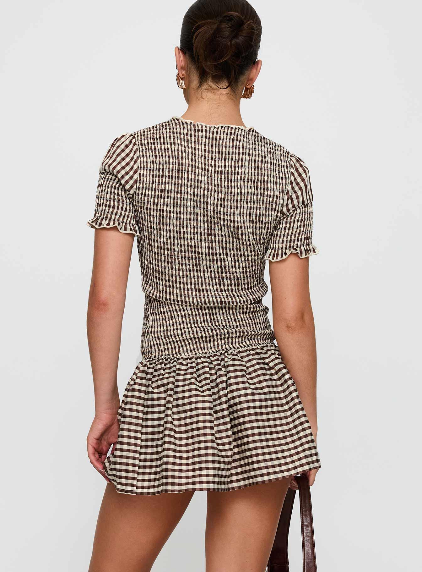 Laurita Shirred Mini Dress Brown Check Tall Product Image