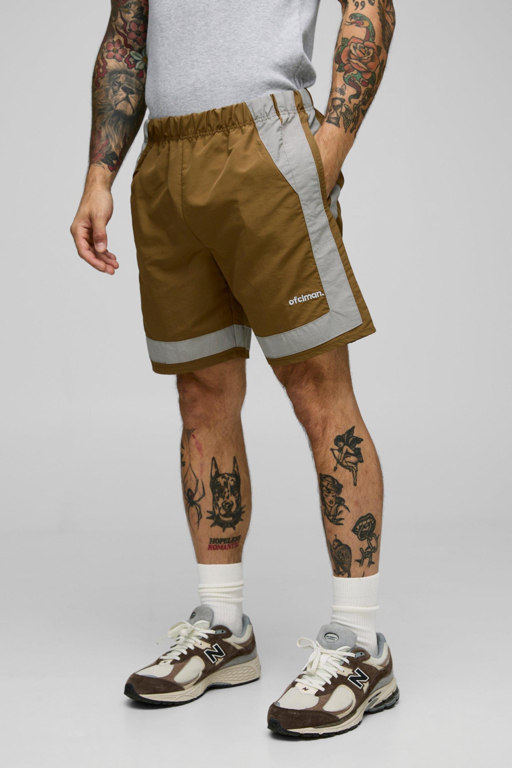 Elasticated Waist Relaxed Crinkle Nylon Colour Block Shorts | boohooMAN USA Product Image