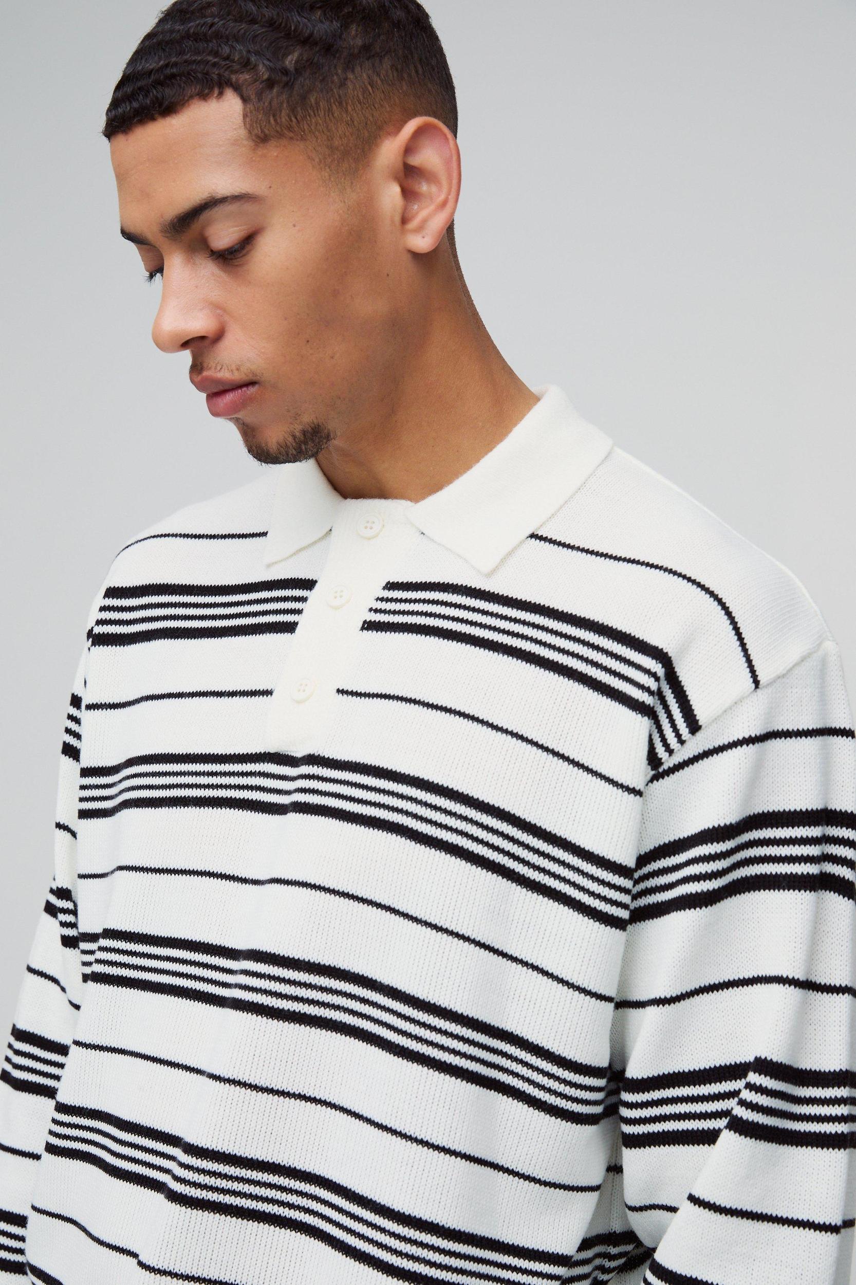 Oversized Striped Knitted Polo | boohooMAN USA Product Image