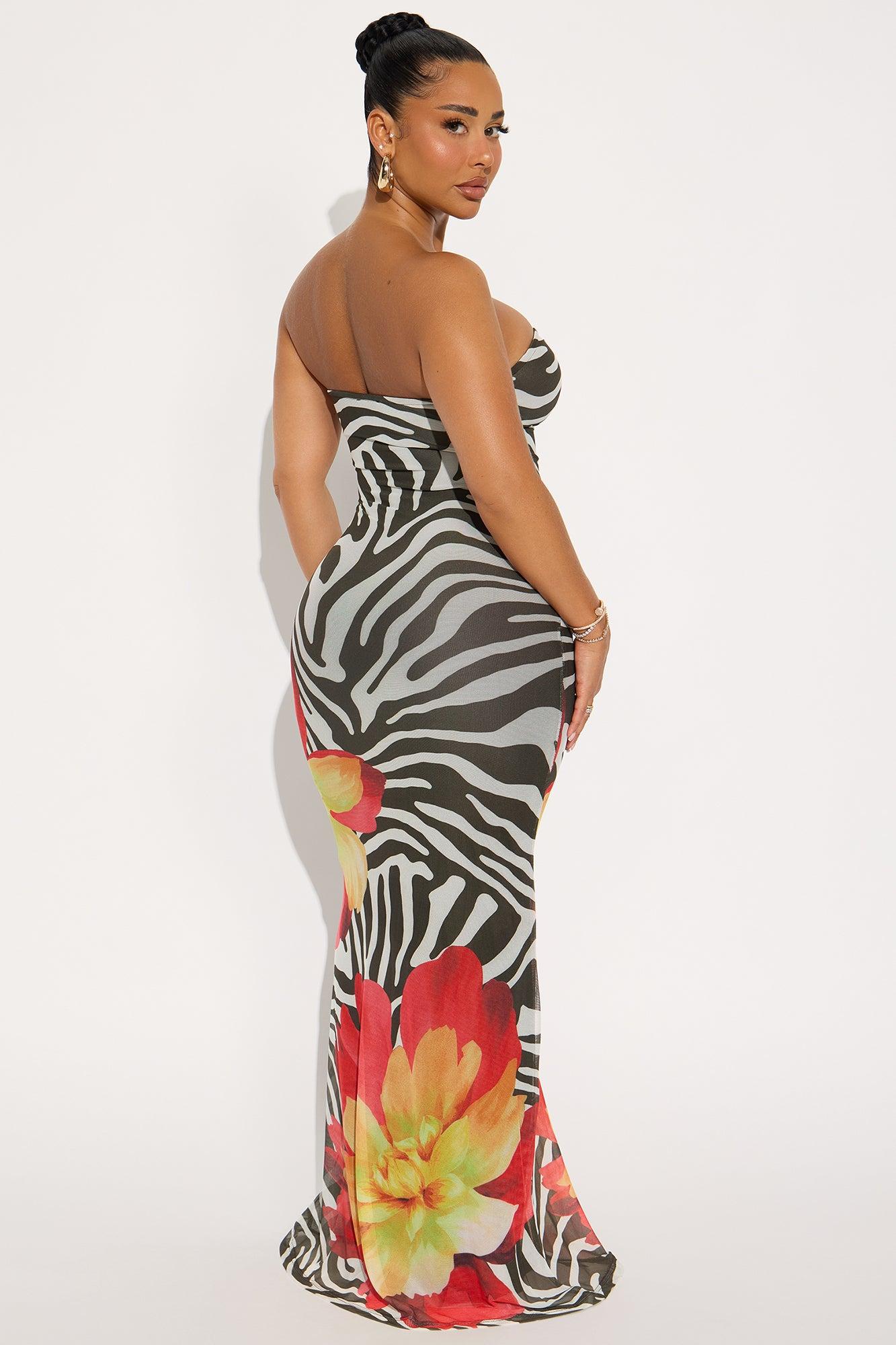 Zebra Mesh Strapless Maxi Dress - Black/White Female Product Image