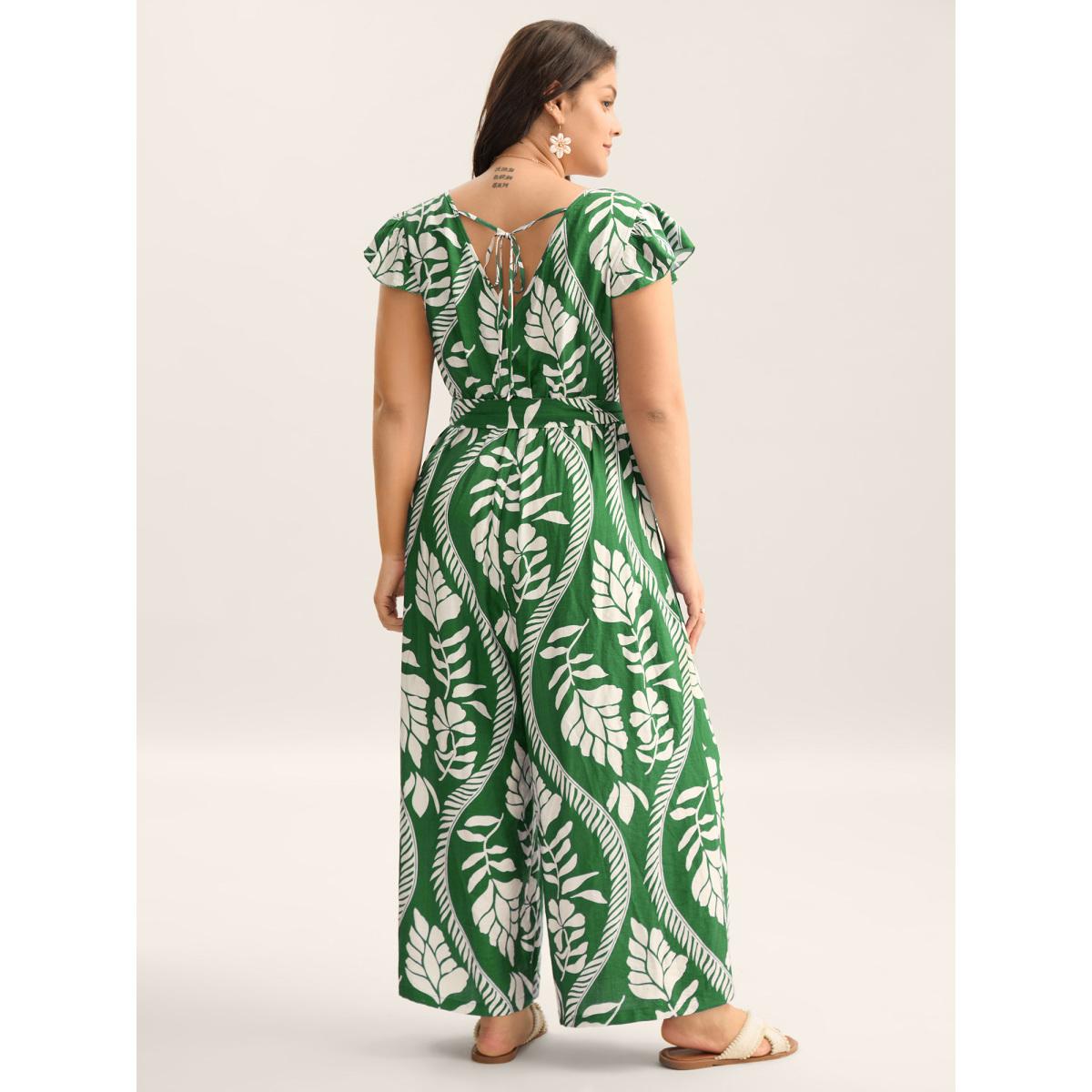 Plus Size DarkGreen Large Floral Print Pockets Jumpsuit Women Resort Cap Sleeve Overlap Collar Vacation Loose Jumpsuits BloomChic 22-24/3X Product Image