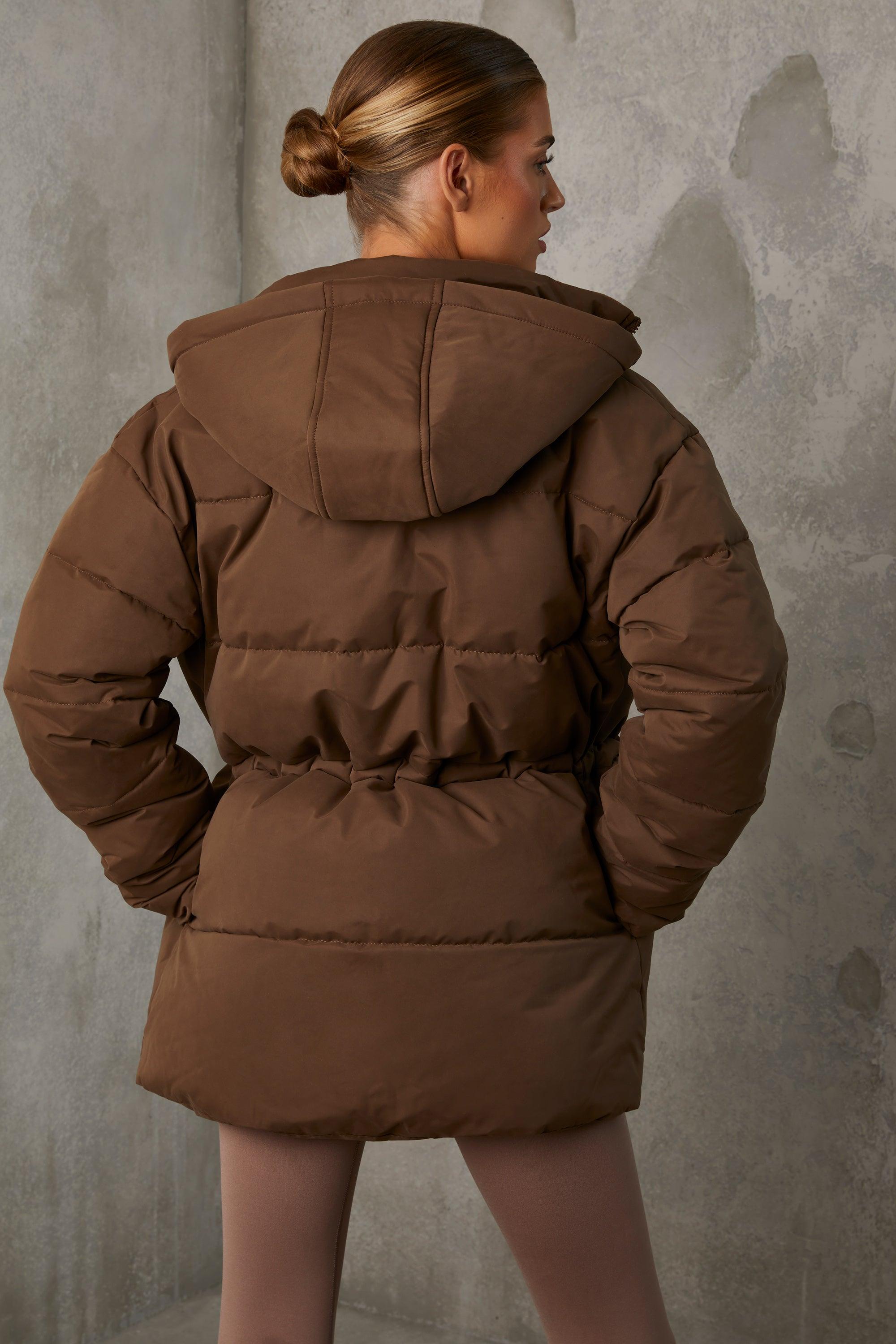 Mid Length Hooded Puffer Coat in Cocoa Brown Female Product Image