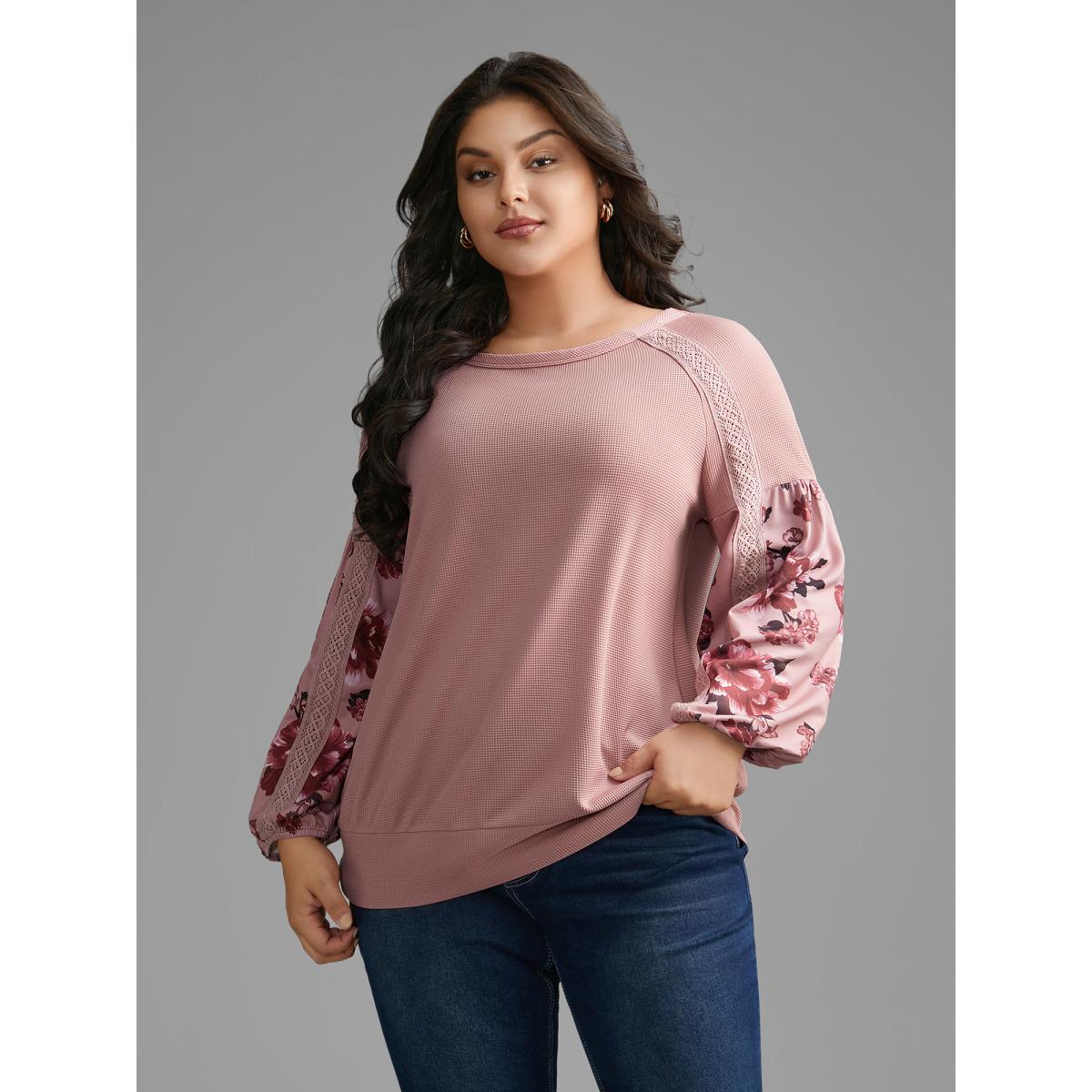 Plus Size Round Neck Floral Patchwork Woven Ribbon Sweatshirt Women Multicolor Elegant Woven ribbon&lace trim Round Neck Everyday Sweatshirts BloomChic 14-16/1X Product Image