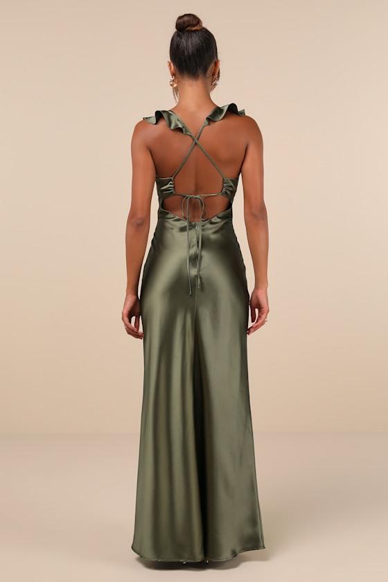 Exuberant Luxury Olive Green Satin Ruffled Lace-Up Maxi Dress Product Image