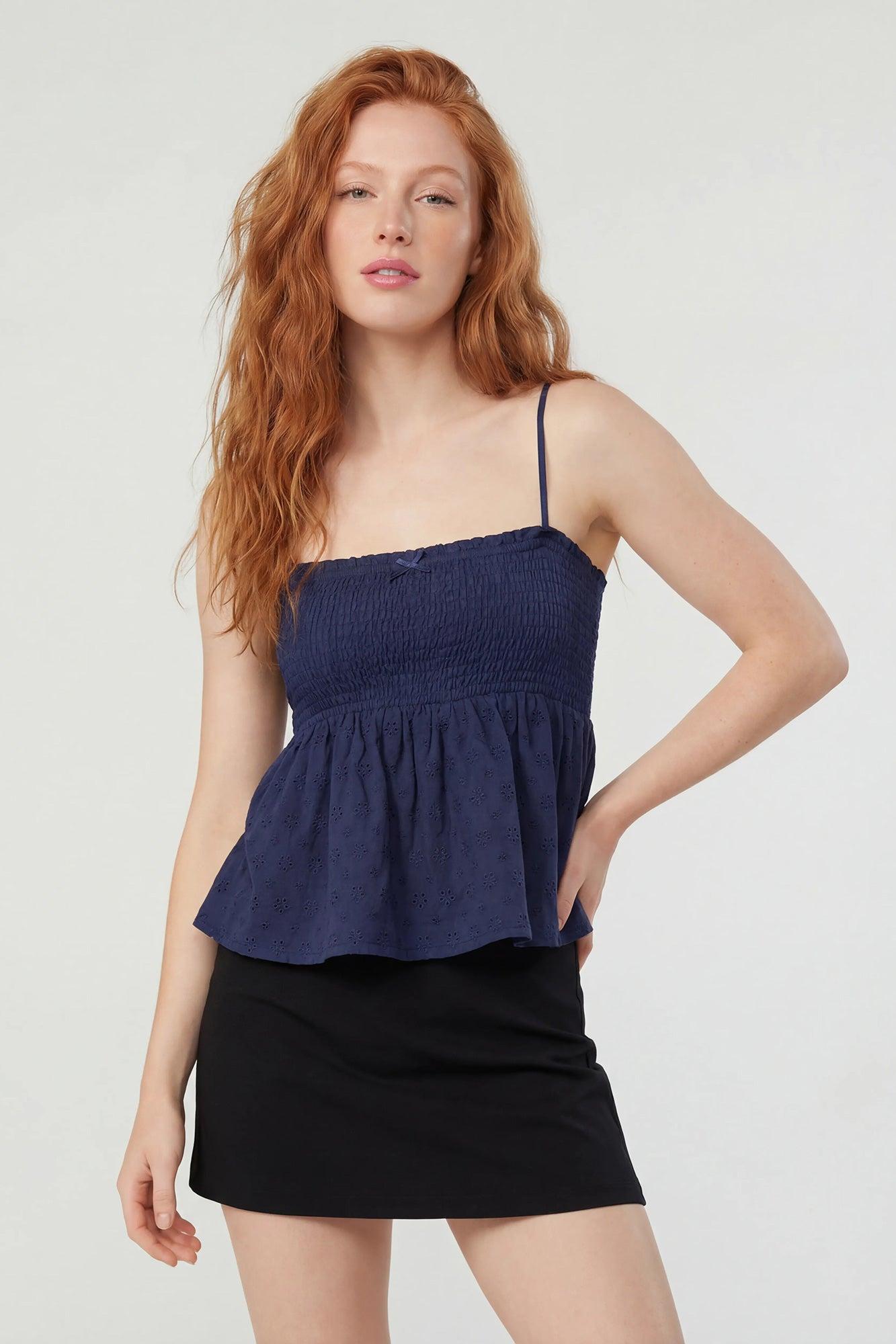 Smocked Eyelet Babydoll Tank Female Product Image