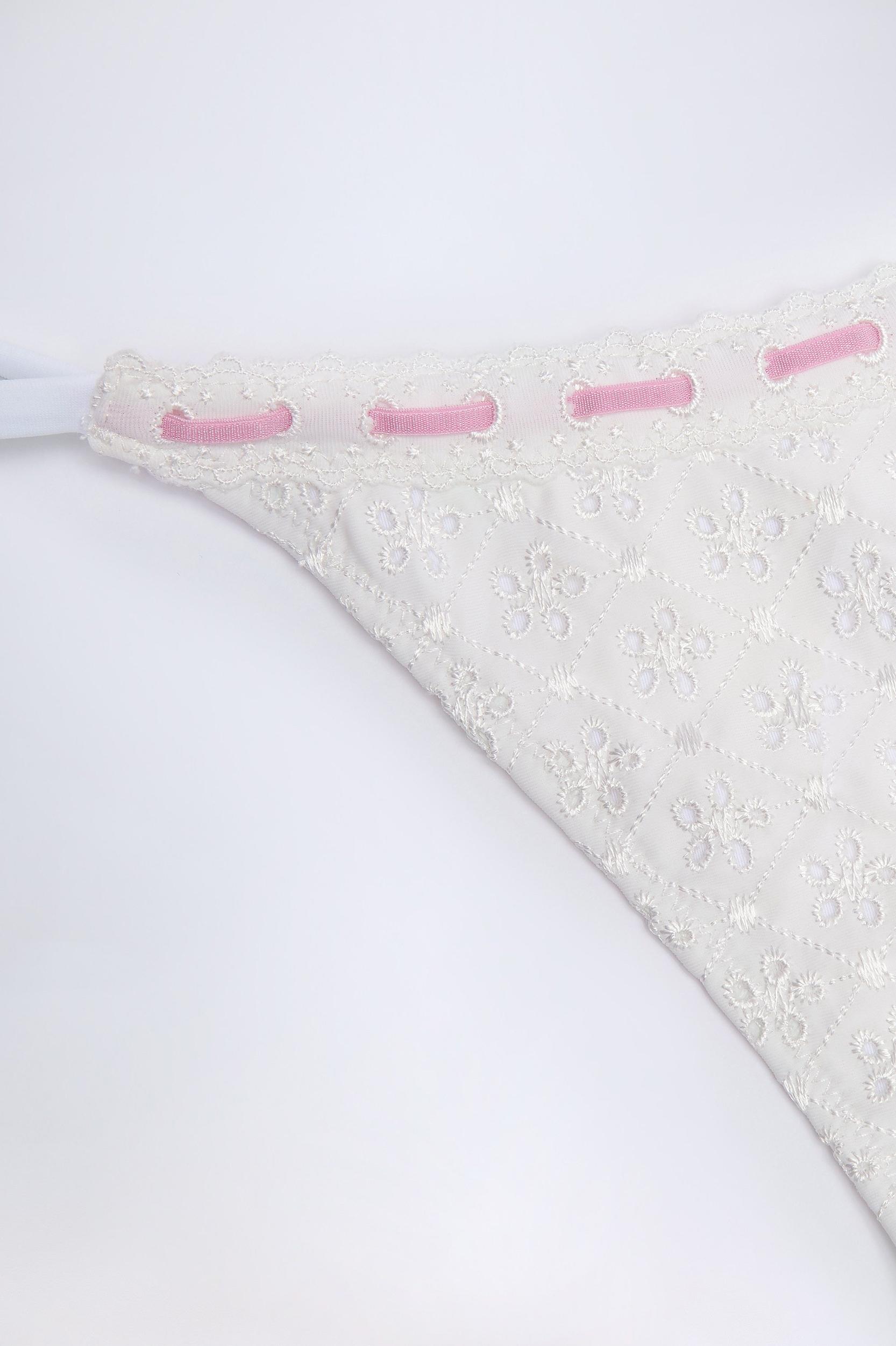 Broderie Anglaise Side-Tie Thong Bikini Bottoms in White Product Image