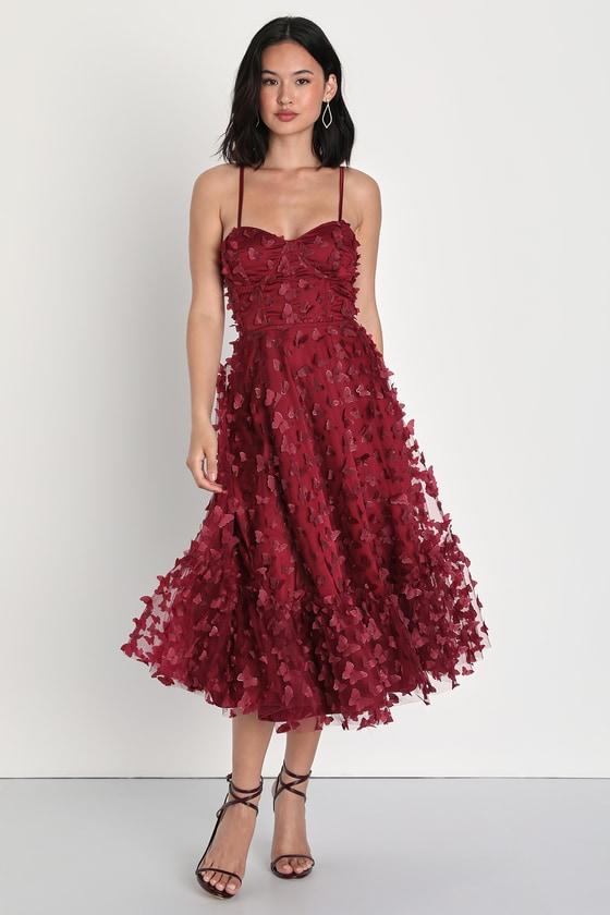 Time to Fly Burgundy Butterfly Lace-Up Midi Dress Product Image