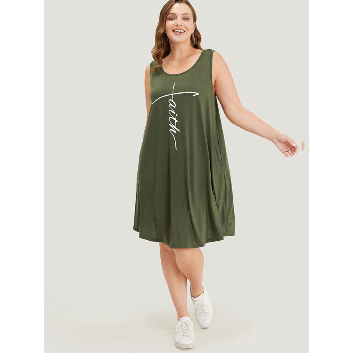 Plus Size Graphic Print Sleeveless Pocket Tank Dress ArmyGreen Women Casual Pocket Round Neck Sleeveless Curvy Knee Dress BloomChic 14-16/1X Product Image