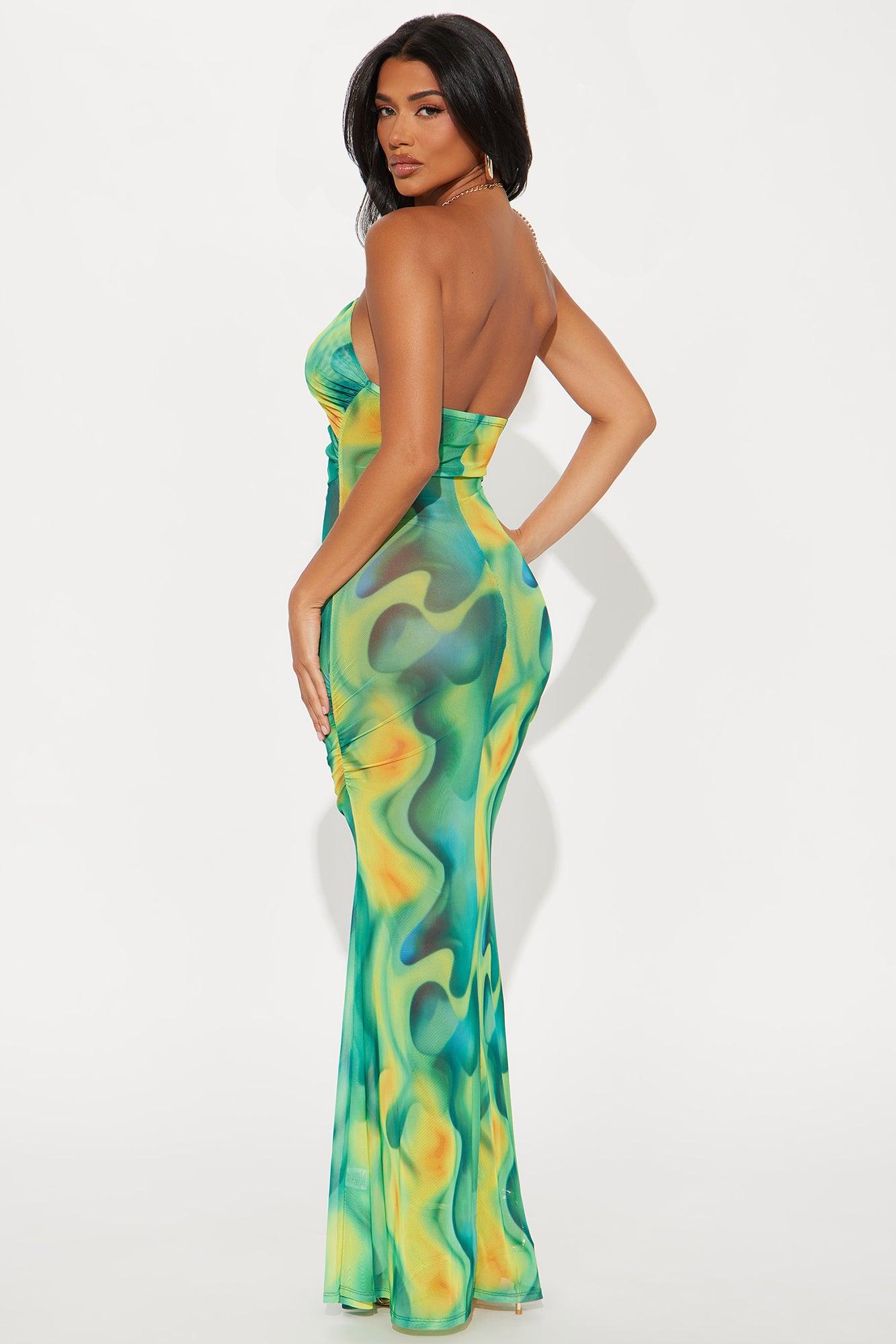 Always Making A Statement Mesh Maxi Dress - Green/combo Female Product Image