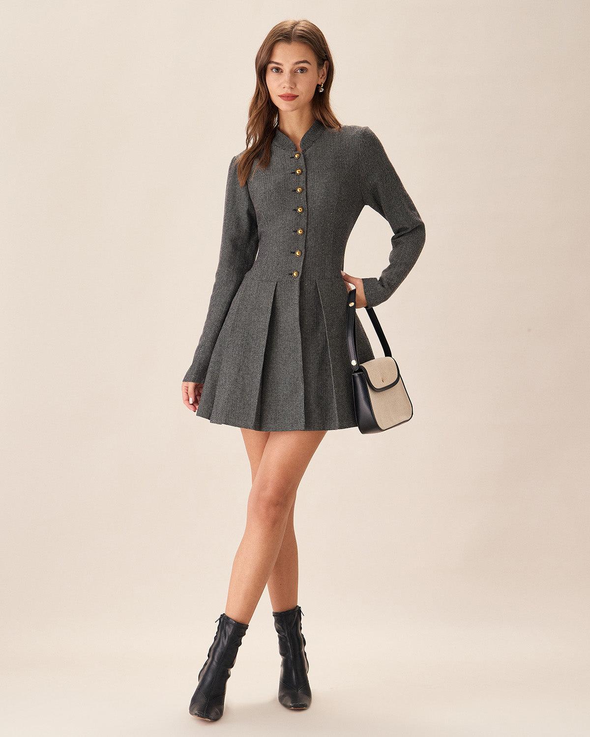 Grey Button Pleated Mini Dress Product Image