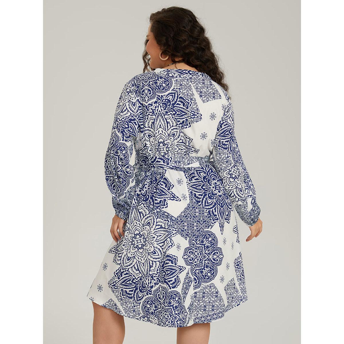 Plus Size Bandana Print Notched Belted Dress Blue Women Vacation Elastic cuffs Notched collar Long Sleeve Curvy Midi Dress BloomChic 22-24/3X Product Image