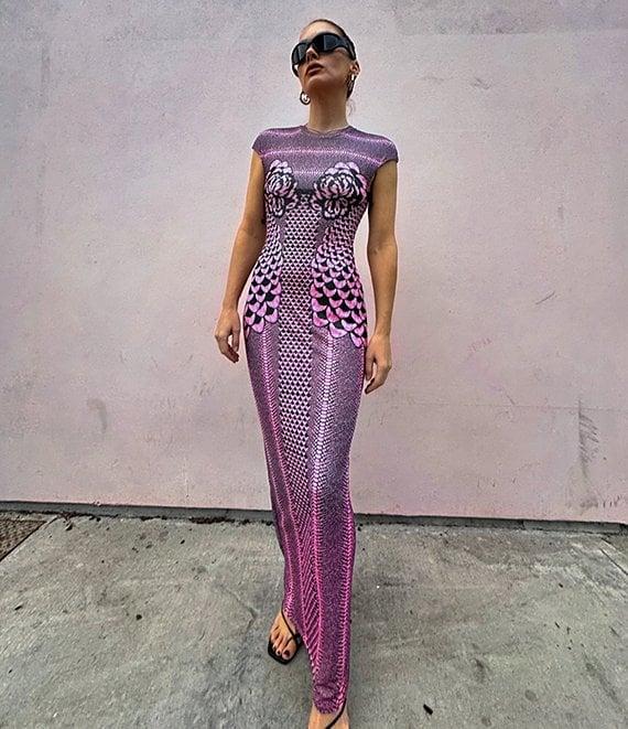 AFRM Cody Petal Print Mesh Crew Neck Cap Sleeve Dress Product Image