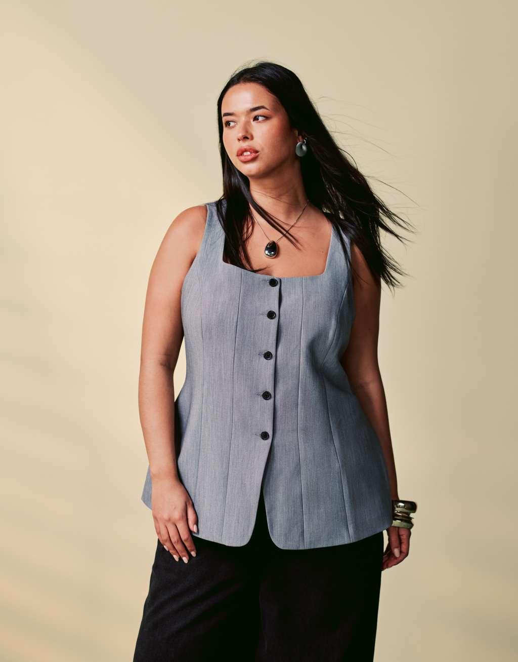 ASOS DESIGN Curve crosshatch corset vest in gray Product Image
