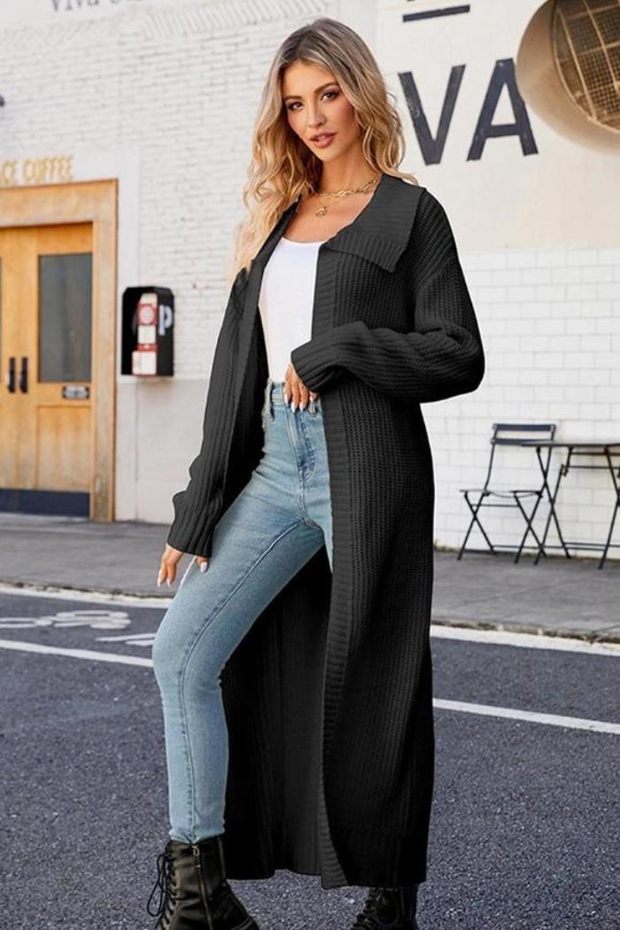 Women Waffle Knit Lapel Long Length Cardigan Product Image