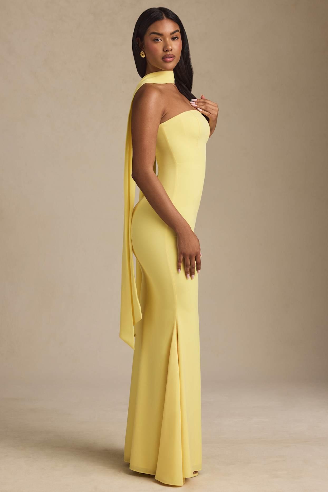 Scarf-Detail Strapless Gown in Pastel Yellow Product Image