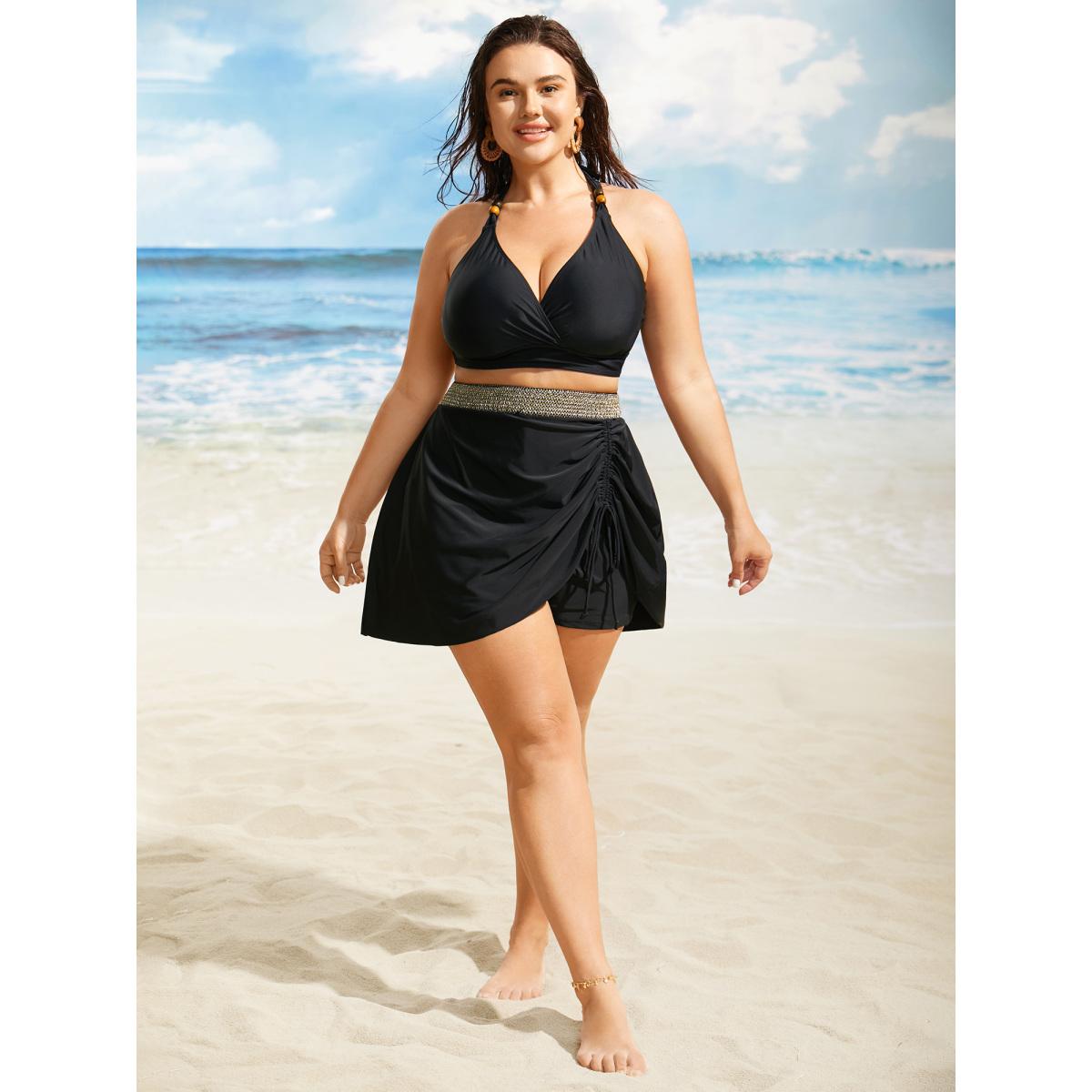 Plus Size Contrast Webbing Patchwork Drawstring Gathered Swim Bottom Women's Swimwear Black Beach Woven ribbon&lace trim High stretch Skinny High Rise Side seam pocket Curve Swim Bottoms BloomChic 26/4X Product Image