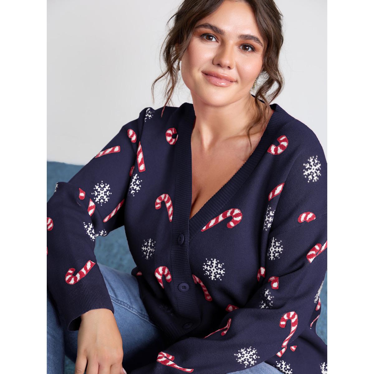 Plus Size Holiday Candy Patch Pockets Knit Cardigan Indigo Women Leisure Loose Long Sleeve Casual Cardigans BloomChic 12/L Product Image